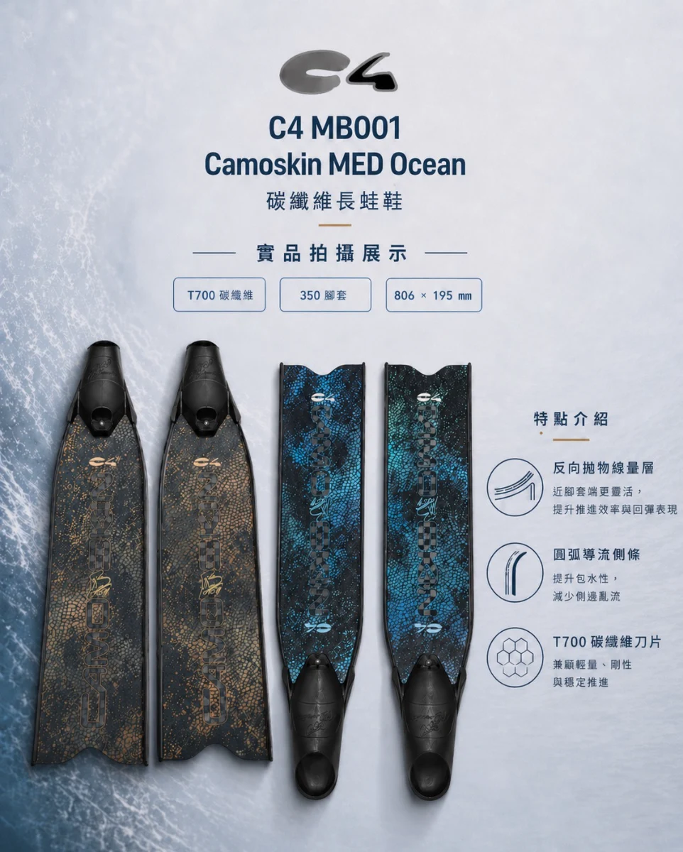 【嚴選商品】義大利 C4 MB001 Camoskin  MED Ocean fins 迷彩金 迷彩藍 超好踢 長蛙鞋｜C4 漁獵潛水裝備